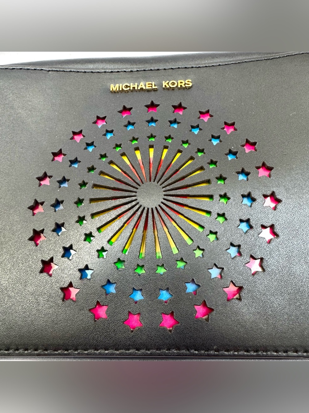 New Michael Kors Ginny Firework Light Up Medium Camera Bag NWT Black Gold - Picture 2 of 9